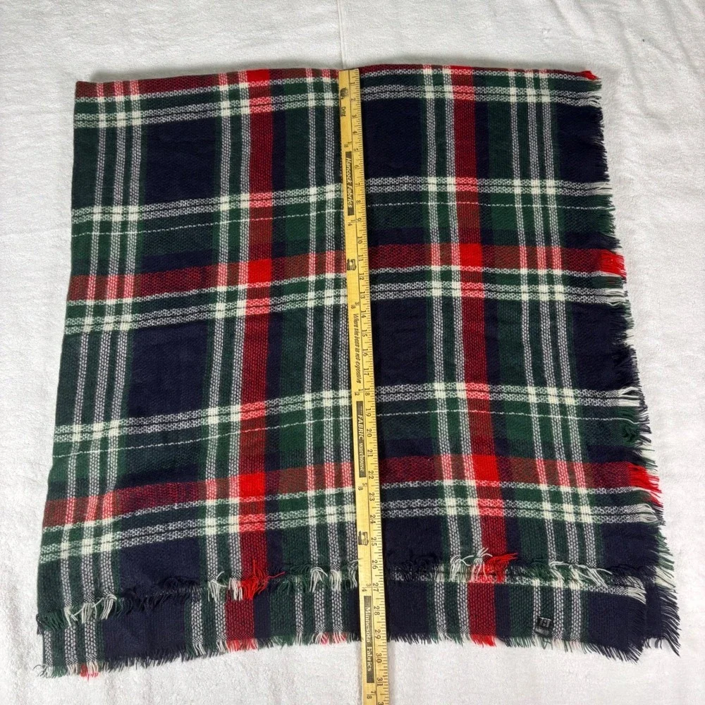 Tartan Plaid Blanket Scarf Unisex OS Navy Green Red Frayed Square Cozy Preppy
